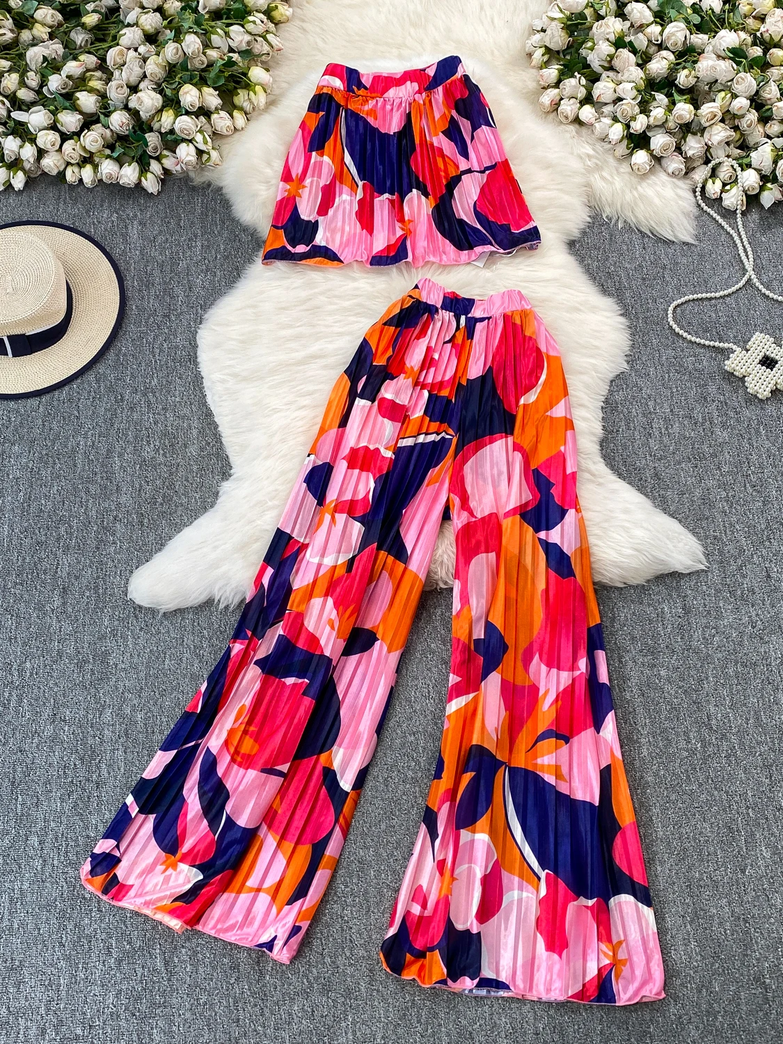 Vacation Style Casual Personalized Print Strapless Top High Waist Wide Leg Pants Two Piece Set Loose Drapey Slimming Effect