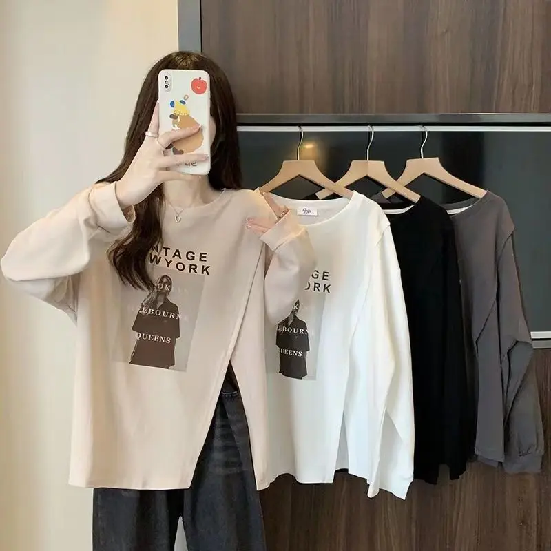 Stylish Split Irregular Loose Pullovers Spring Autumn Korean Asymmetrical Female Clothing Printed Letter Long Sleeve Sweatshirts