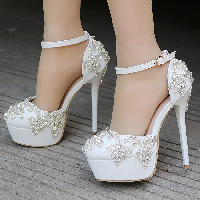 

Women Pumps Shoes Bride Round Toe Platform Heels Wedding Platform Rhinestone PU 14CM Thin Heels Cover Heel Dress Woman Shoes