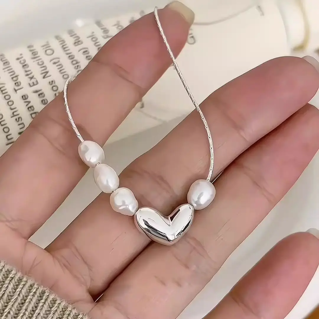Silver color Necklace Pearls Heart Bean Love Irregular Geometric for Women Girl Aesthetic Jewelry Gift Dropshipping Wholesale