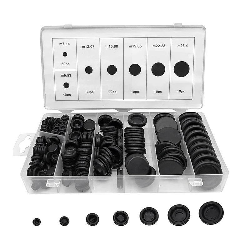 

170Pcs 7 Sizes Rubber Grommet Assortment Kit, Firewall Hole Plug Set Electrical Wire Gasket Solid Hole Plugs Set