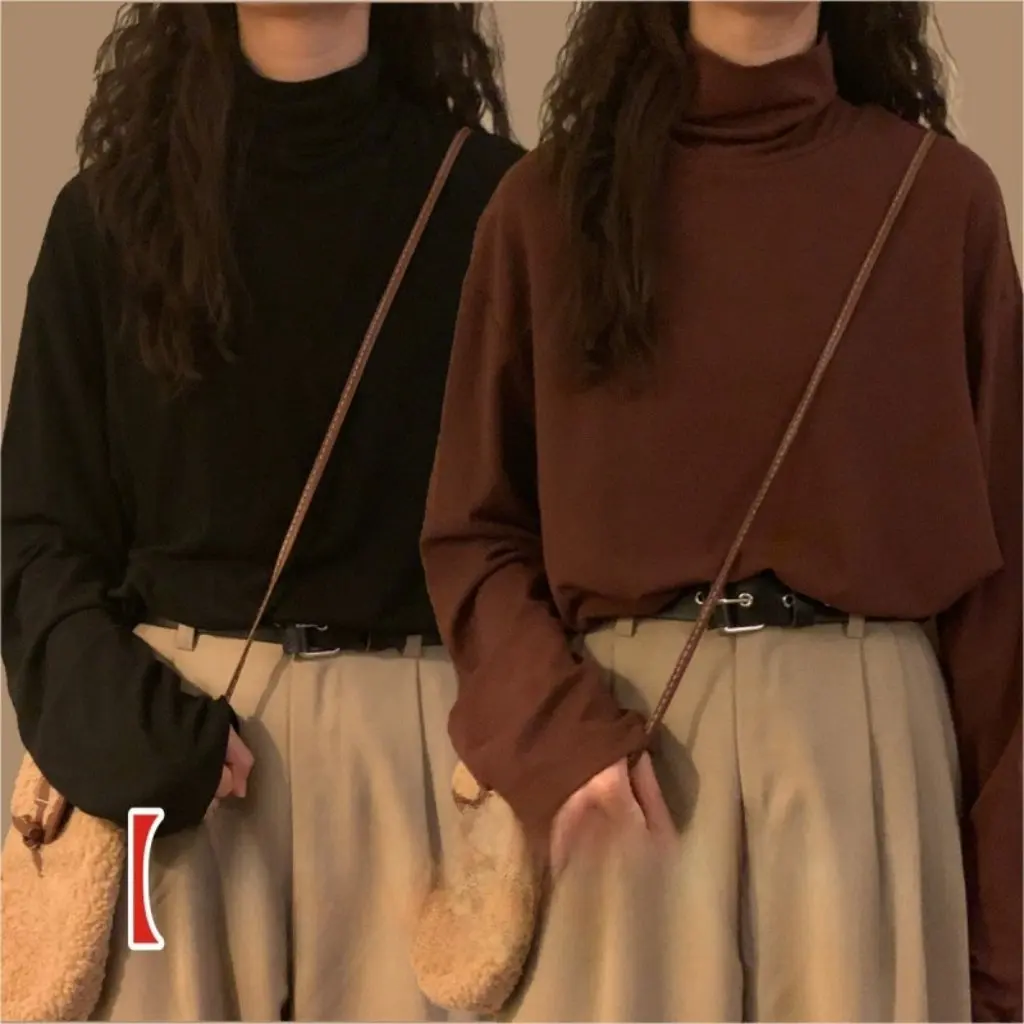 

Женская бархатная футболка с длинными рукавами и начесом, осень-зима, облегающая базовая рубашка в корейском стиле с однотонным высоким воротником