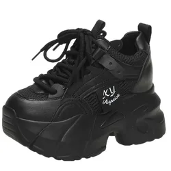 10CM Women Platform Sneakers Lace-up Autumn Sports Dad Shoes High Top Chunky Casual Shoes Woman Thick Bottom Mesh White Shoes