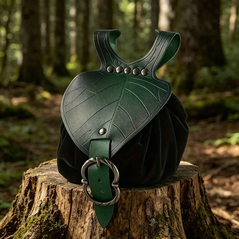 1pc Medieval Waist Bag, Renaissance Festival PU Leather Coin Purse, Elf Leaf Shaped Fanny Pack, Drawstring Pouch, Suitable For T