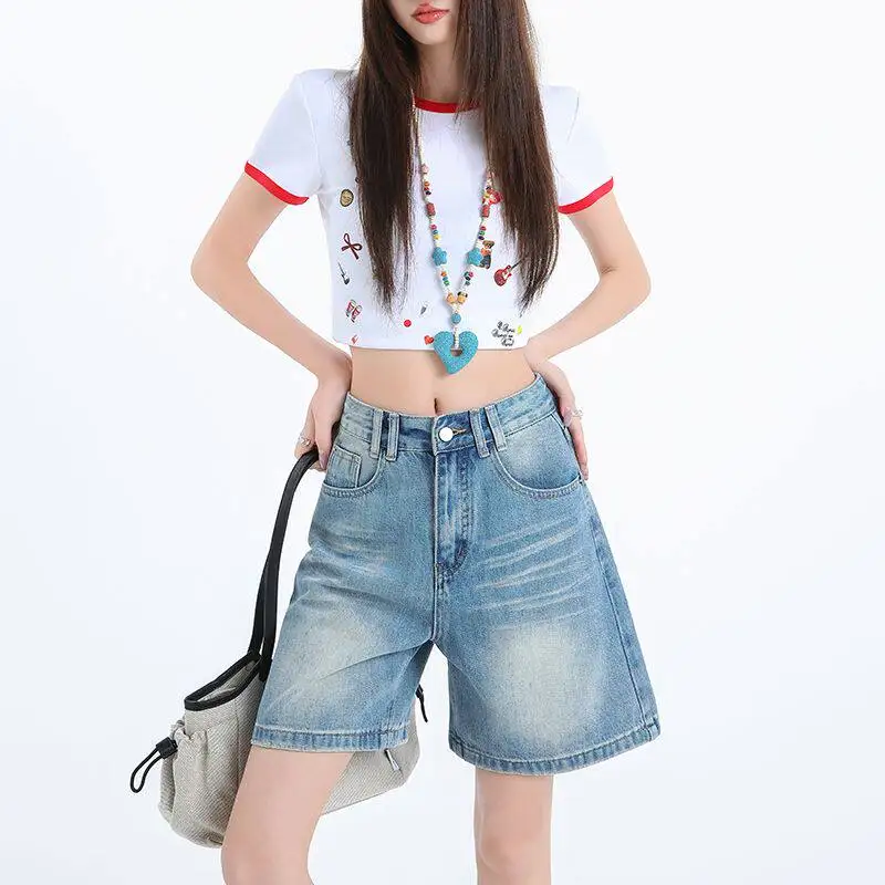 FINEWORDS Summer Women Light Wash Denim Bermuda Shorts High Waist Wide Leg Straight Leg Jean Shorts Casual Streetwear Loose Fit
