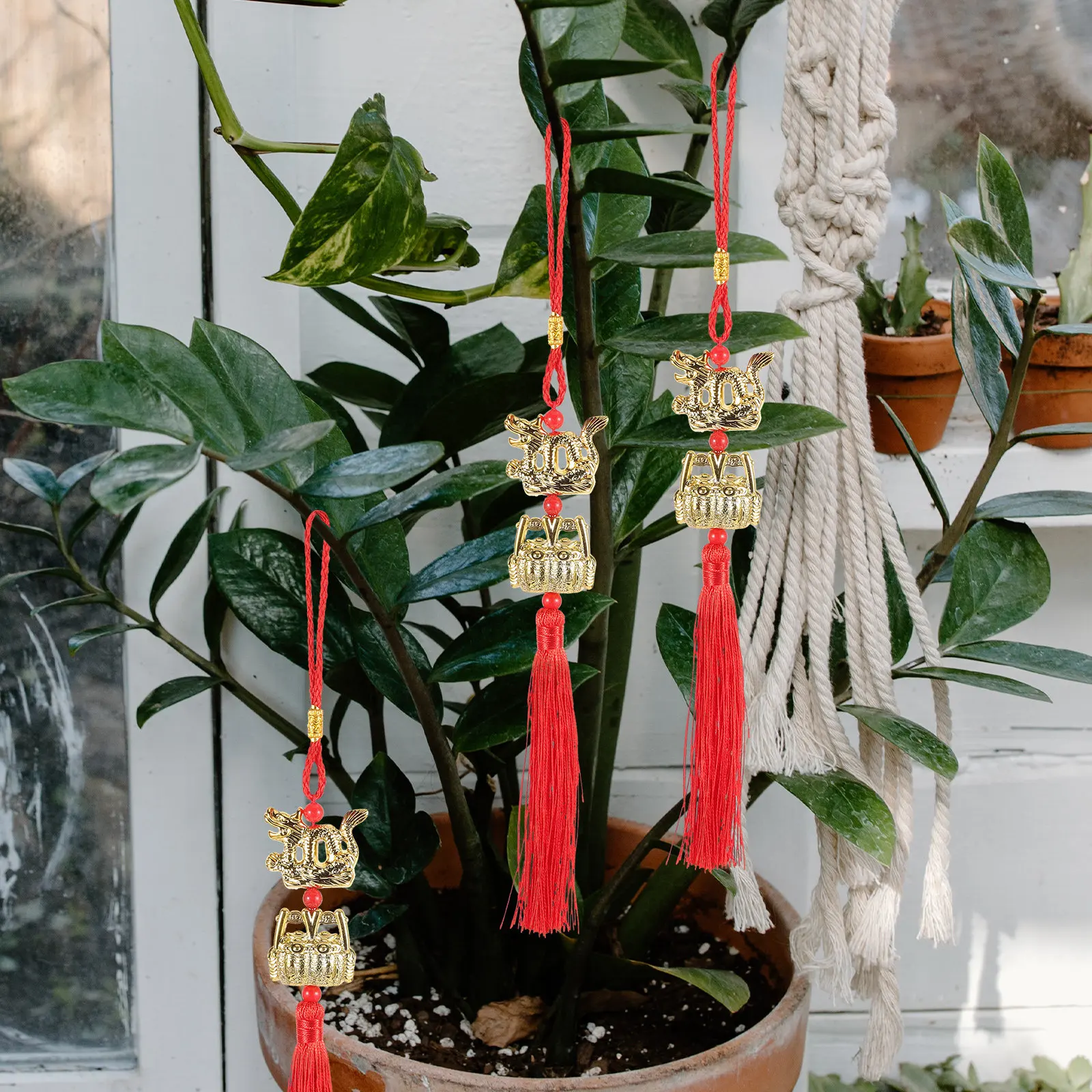 4Pcs Potted Dragon Pendant Chinese Style Tassel Hanging Decor New Year 2024 Ornament Car Wall Door Hanging