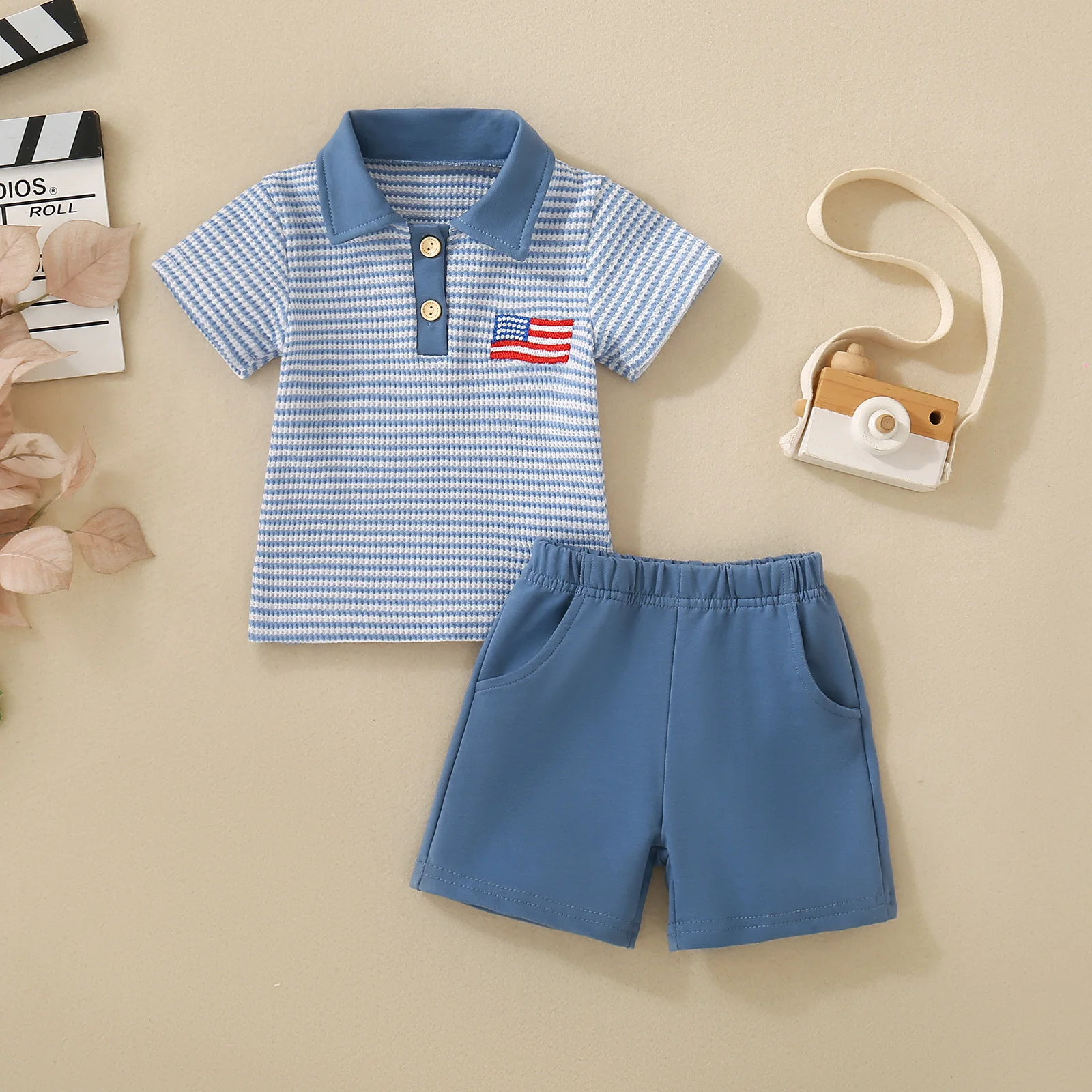 Summer Unisex Infant Sky Blue Chest Flag Embroidered T-Shirt and Shorts Two-piece Independence Day