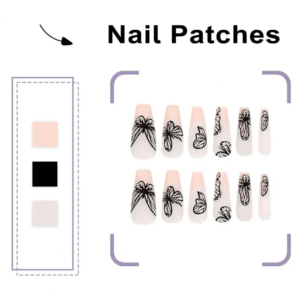 Black Butterflies Fake Nails Fluttering Beauty 24pcs Long Black Butterfly Print Press-on Nails with Glue for Women for Salon