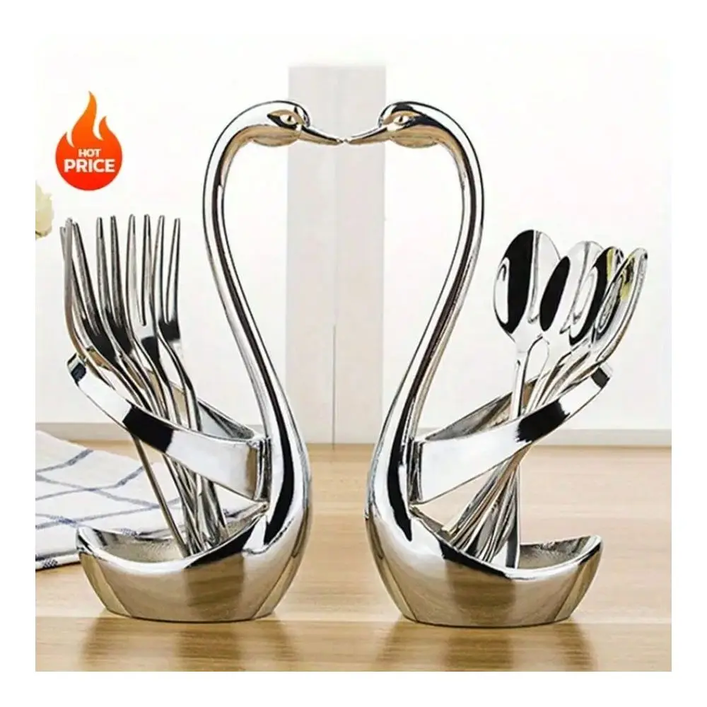 Set Elegant Swan Shaped Stainless Steel Cutlery Stand With 3 Forks And Spoons Perfect For Dining Service