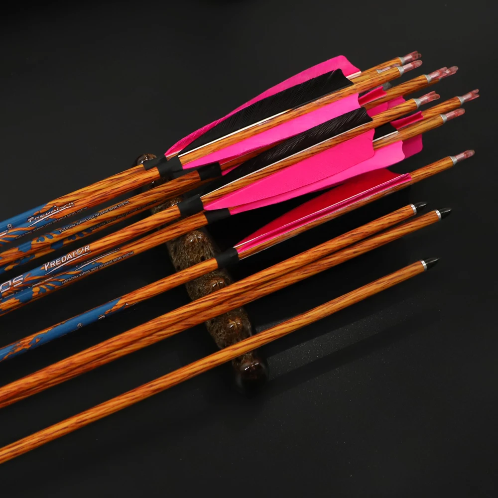 ACCMOS 32/33inch Spine350 400 450 500 550 600 700 ID 6.2mm Wooden Skin Feather Carbon Arrow pink for Hunting