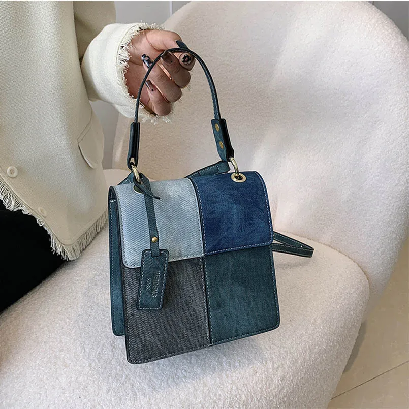 

Denim Women Flap Large Capacity Blue Unisex Patchwork Color Foldable Cover Crossbody Bags Handbags Letter Shoulder Shopper Purse