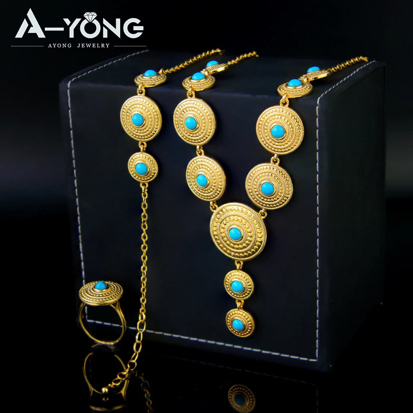 Luxury Ethiopia Gold Color Jewelry Set 21k Gold Plated Dubai Turquoise Fashion Necklace Bracelet Ring Women Event Party Jewelrys