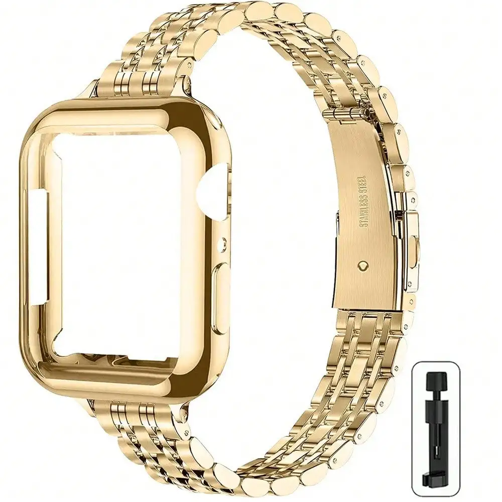 

1pc Watch Band + 1pc Screen Protector, Stainless Steel Watch Band Compatible With Apple Watch 41mm 40mm 38mm 45mm 44mm 42mm, Suitable For Series 11, S, 10, 9/8/7/6/5/4/3/2/1/SE/SE2, Luxury For Slim Women