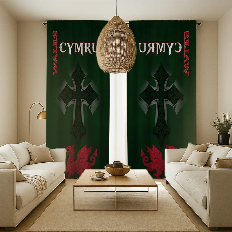 Welsh Dragon Curtain Cymru Celtic Cross Print Drape Red Dragon Flag Decor, UK Culture Home Textile Green Gothic Window Treatment