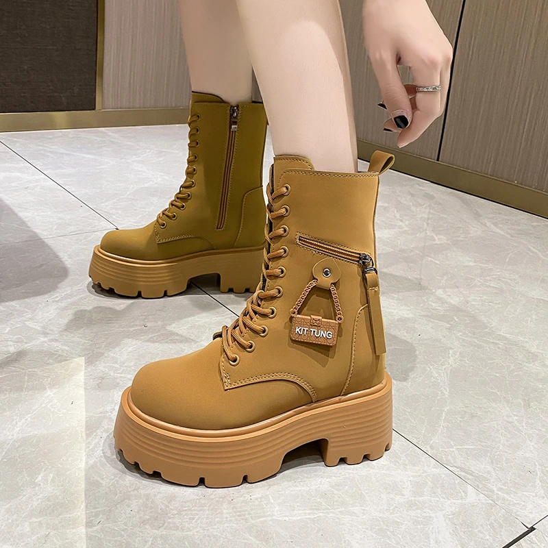 Botas con cordones de alta calidad para mujer, zapatos de estilo británico con punta redonda y plataforma de tubo medio, a la moda, 2023