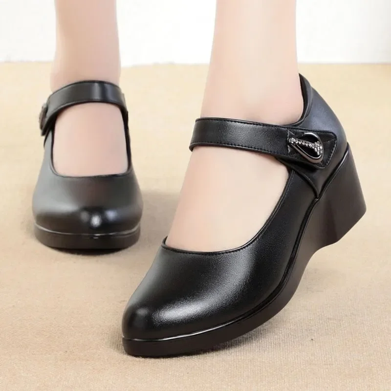 Women Fashion High Quality Black Patent Leather Wedge Heel Office Shoes Lady Classic Comfort Red Hotel Career Elegant Heels B09