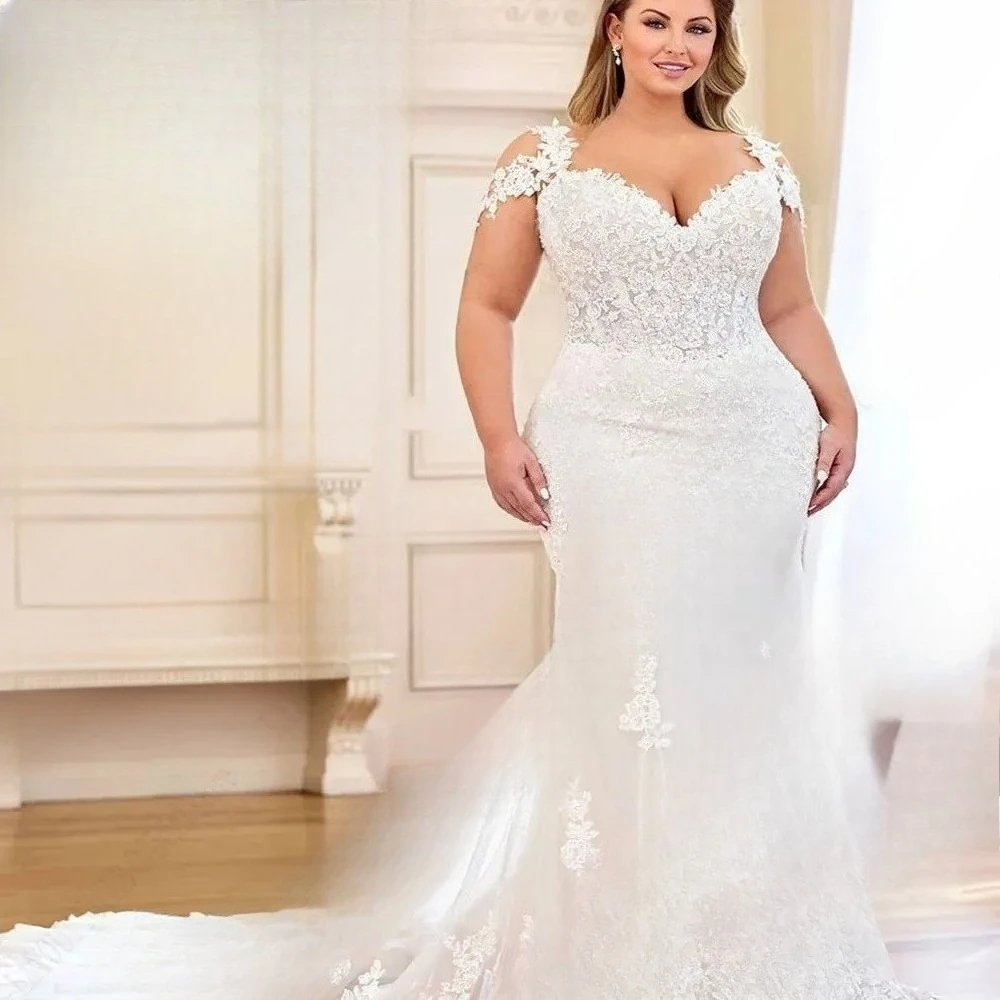 Mermaid Plus Size Appliques Bride Dress Cap Sleeveless V-Neck Wedding Gowns Backless Back Button Vestidos De Fiesta