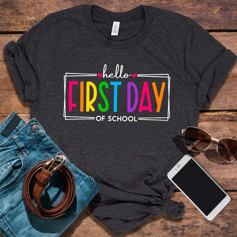 

Happy First Day of School Tshirt 1st Day of School Tee Back To School T-shirts for Women Vintage 2024 Tops m