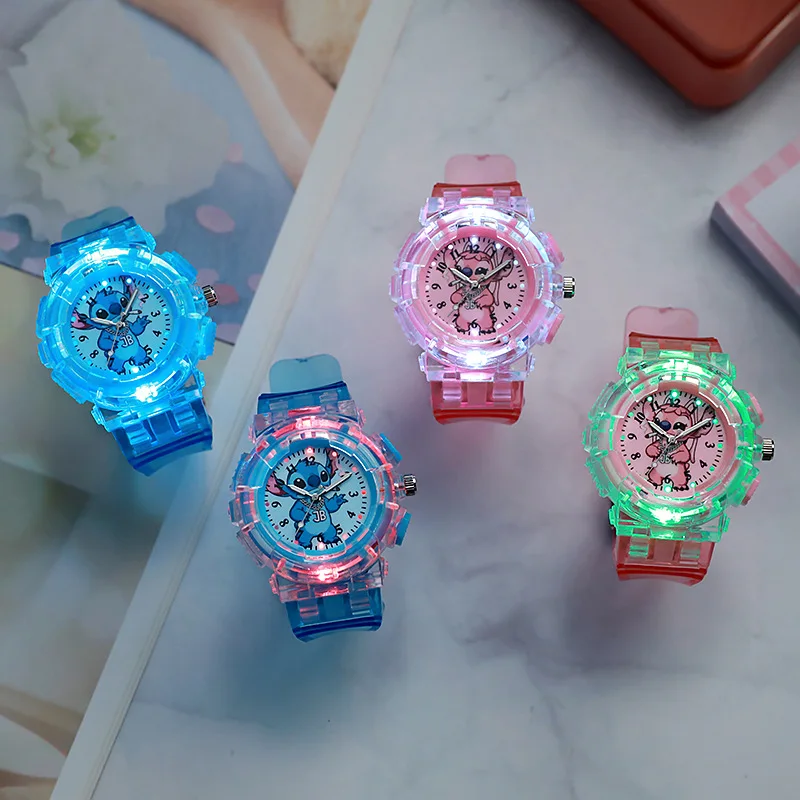 Disney Stitch Angel LED Glowing Flash Watch Children's Fashion Quartz Wristwatch Christmas Gift Toy