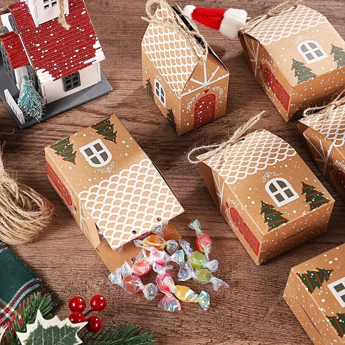 Cajas de recuerdo de fiesta de Casa de pan de jengibre de Navidad, paquete de 12/50 piezas, papel Kraft, dulces, Chocolate, embalaje de regalo de Navidad