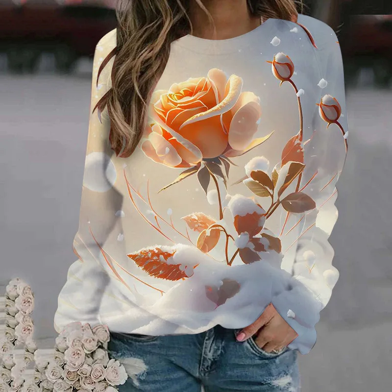 New Rose Flower Sweatshirts Floral 3D Print Autumn Winter Women Hoodies Long Sleeve Y2k Oversized Pullovers Tops Female Clothing