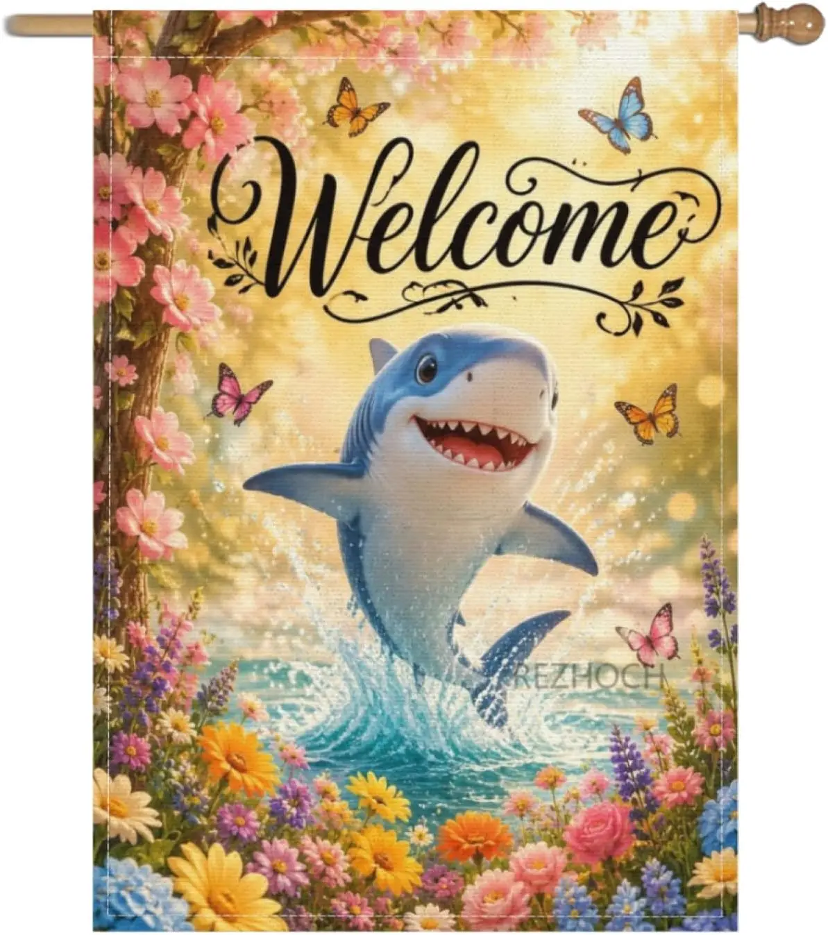 Spring Summer Happy Shark Welcome Garden Flag 28x40 Inch,Cute Animal Outdoor Home Yard Decor,Double Sided Floral Butterflies AAM