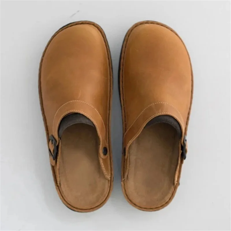 Męskie kapcie letnie PU skórzane buty Vintage miękkie dno Slip On sandały blisko Toe kapcie plażowe męskie obuwie nowy rozmiar 48