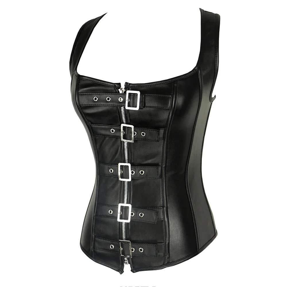 Damen Kunstleder Korsett Top Schultergurt Mieder Schwarz Reißverschluss Schnallen Bustier Taille Trainer Weste Steampunk Korsett Vollbrust