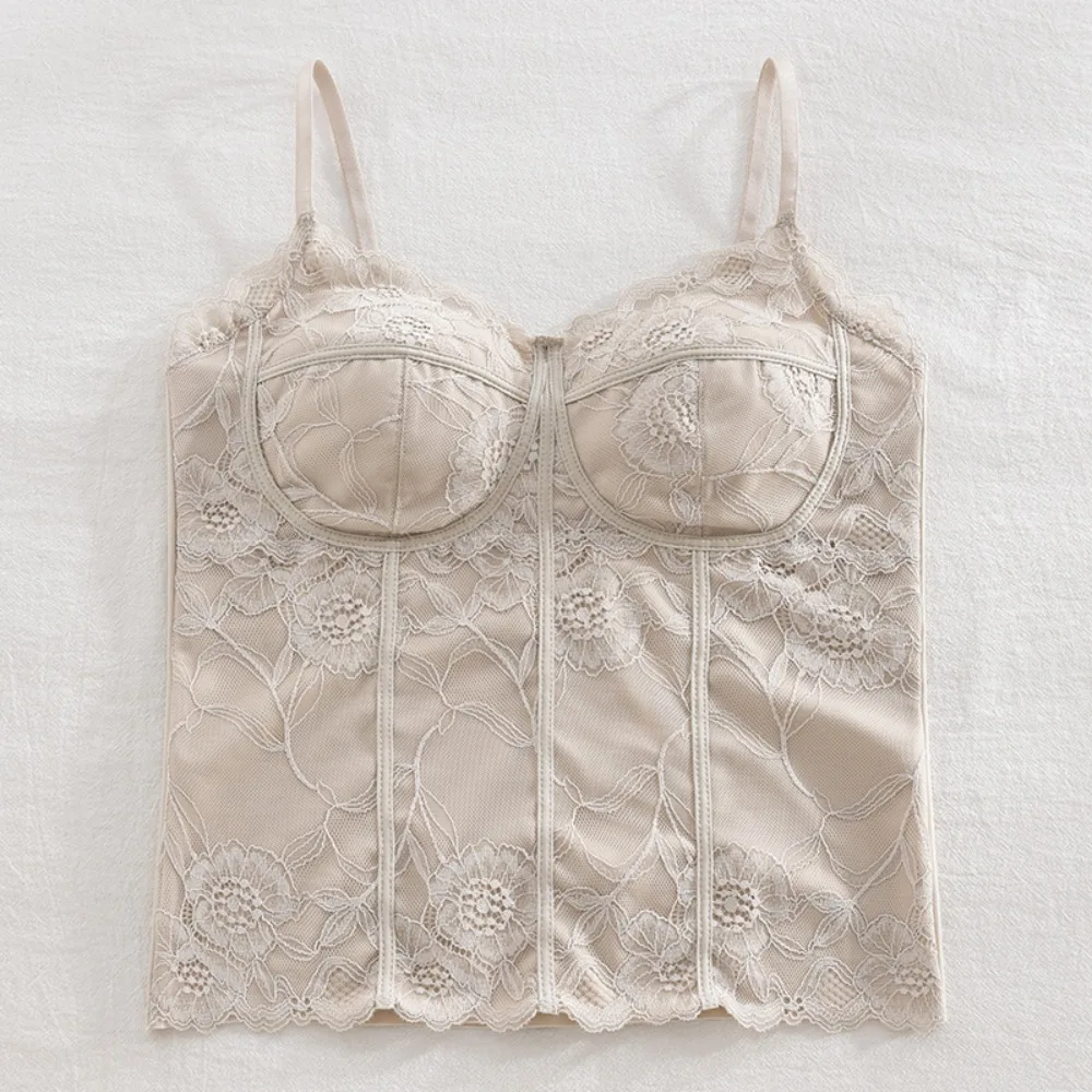 Francuski koronkowy top z siateczki, dopasowany, krótki, z ozdobnymi liniami, dziewczęca bluzka, koszulka bazowa, top na ramiączkach z wkładkami, damska.