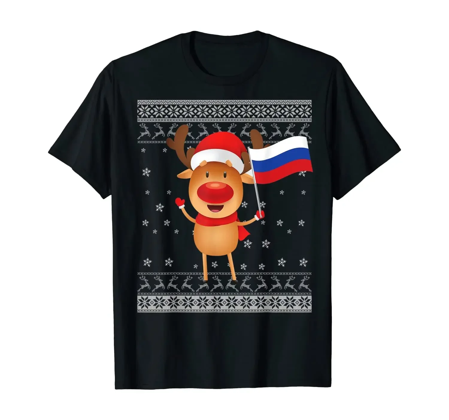 

Merry Christmas Russian Flag Reindeer Ugly Christmas Sweater T-Shirt 100% Cotton O-Neck Summer Short Sleeve Casual Mens T-shirt