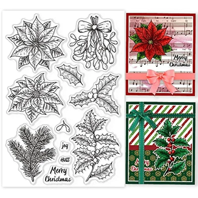 Christmas Winter Plant Clear Stamp Poinsettia Mistletoe Transparent Silicone Stamp Holly Pine Branch Rubber Stamp