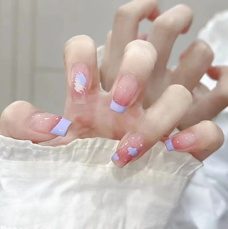 

24 Pcs Spring Summer False Nails with Glue French Gradient Nails Press on Ballet Beautiful fake Nails with Sticky Tabs Self-nail