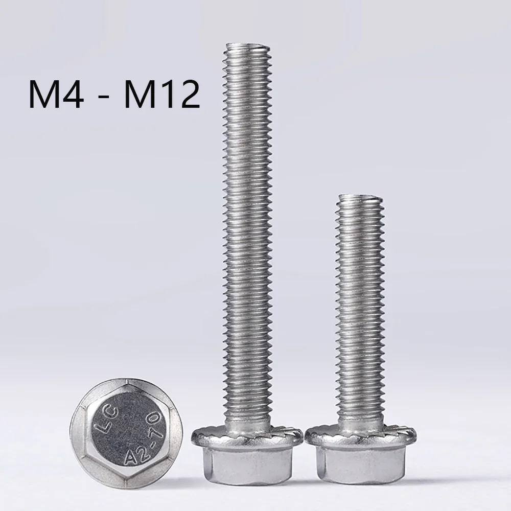 Flange Bolt 304 Stainless Steel Hexagon Head with Serrated Flange Cap Screw Bolt M4 M5 M6 M8 M10 M12 Hex Washer Head Flange Bolt