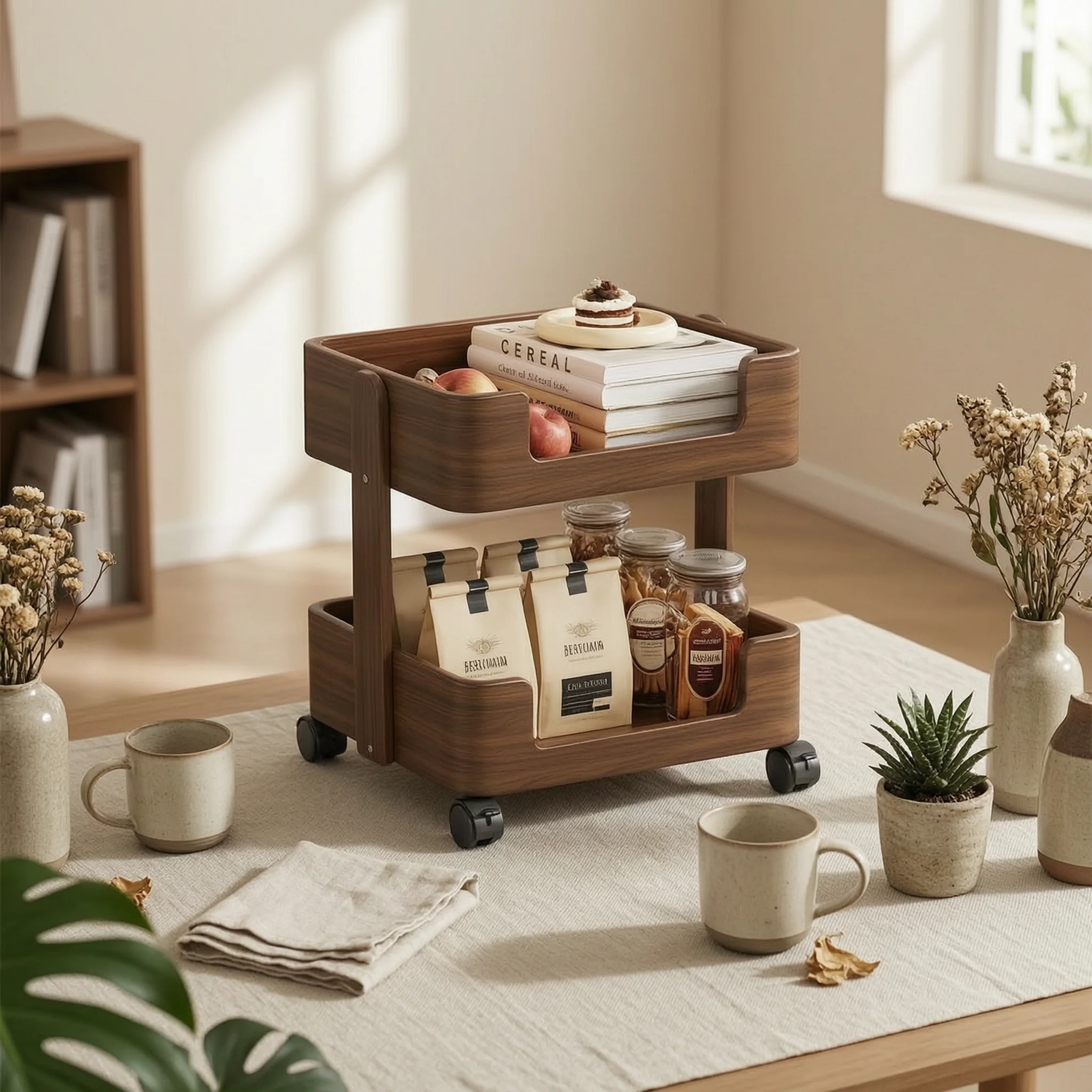 Wooden Side Table with Wheels Portable Rolling Side Table Rolling Nightstand Space-Saving Nightstand with Wheels Sturdy