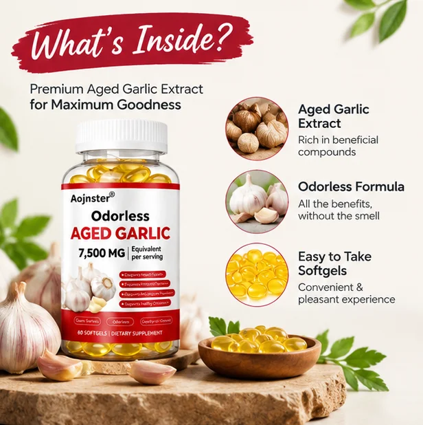 Odorless Aged Garlic Softgels, 7500mg Equivalent Per Serving, Dietary Supplement, Support Cardiovascular Wellness, 60 Softgels
