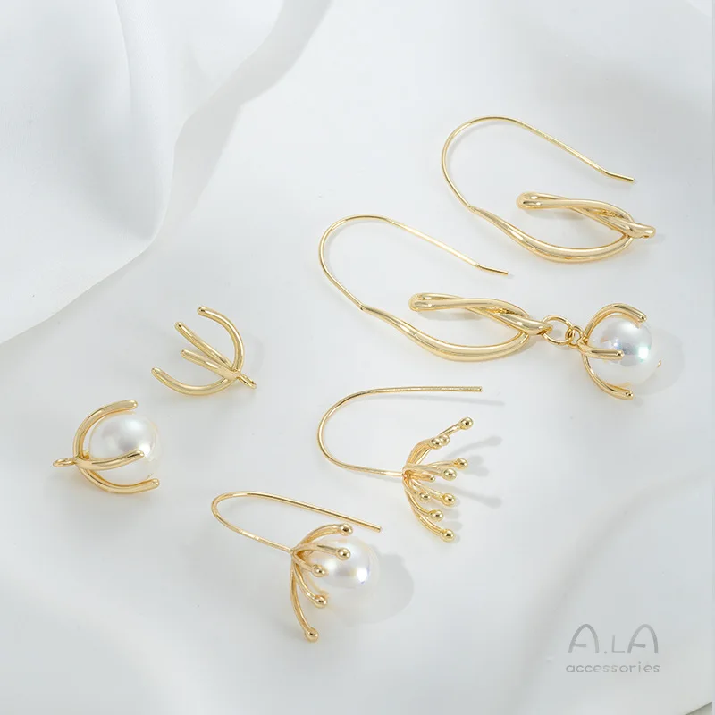 14K Gold Color Tree Branch Ear Hook Stamen Bead Holder Earrings Handmade DIY Sticky Pearl Earrings Accessories Handmade Material