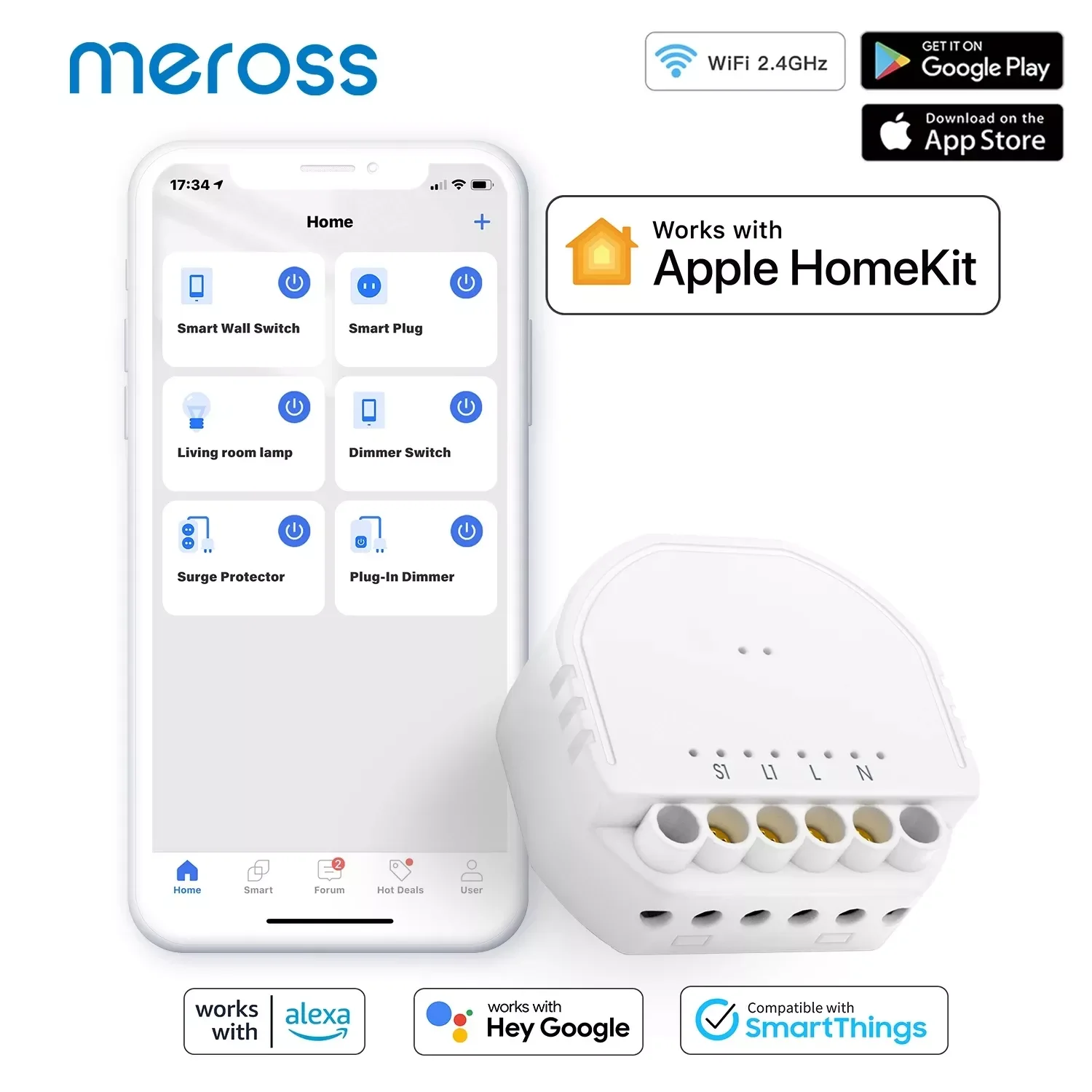 Meross HomeKit WiFi Smart Switch Module 1 Gang 1 Way DIY Light Switch For Apple HomeKit Siri Alexa Google Home SmartThings