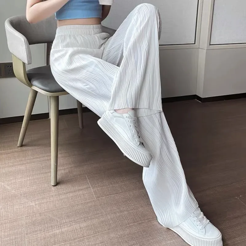 MRMT 2025 Brand New Women's High Waist Loose Drape Wave Pattern Mopping Straight-Leg Pants With White Micro-Slit Wide-Leg Pants