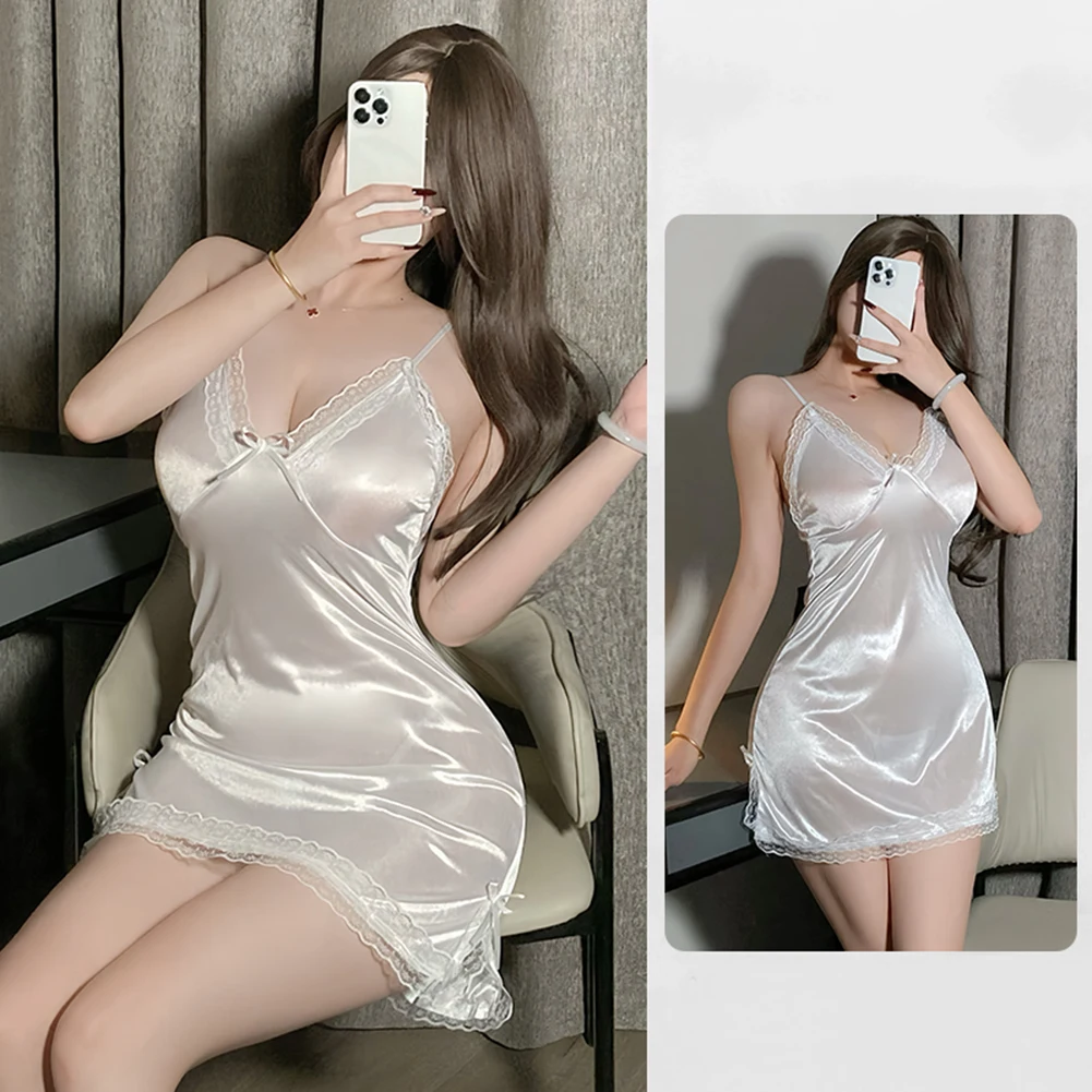 Sexy Lingerie Women's Satin Camisole Nightgown Thong Sleepwear Lace Slit Bowknot Underwear Ultra-Thin Summer Pajamas Night Dress image 3