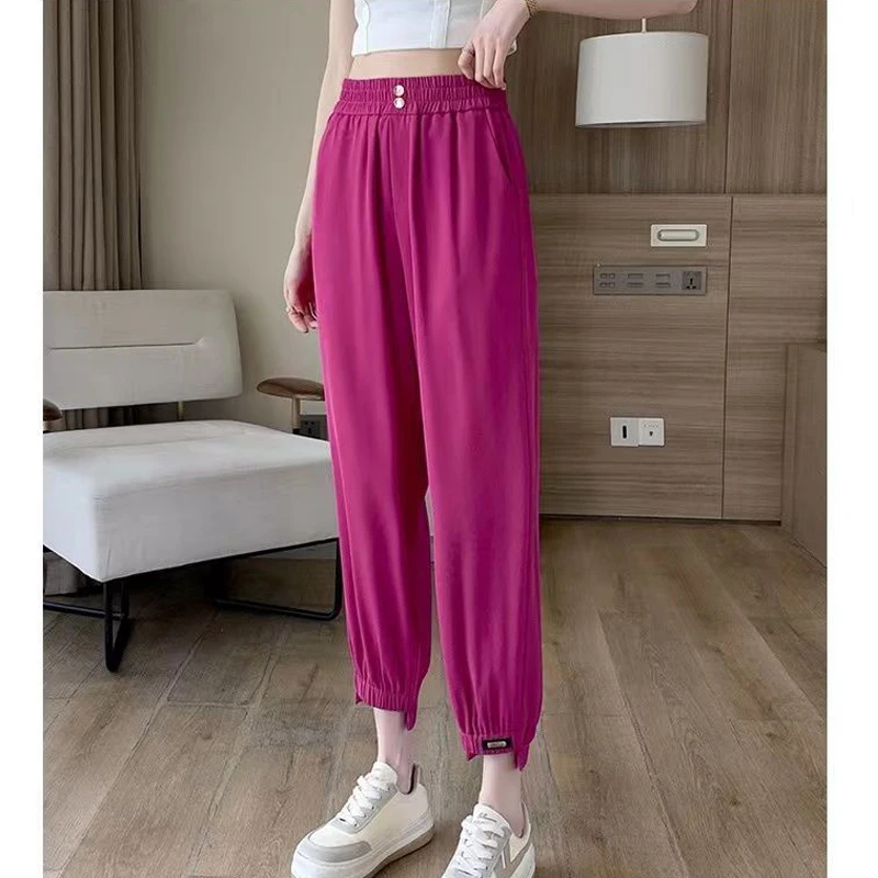 Women Summer Trendy Appliques Harajuku Streetwear Harem Pants Ice Silk High Waist Straight Cropped Trousers Pantalones De Mujer