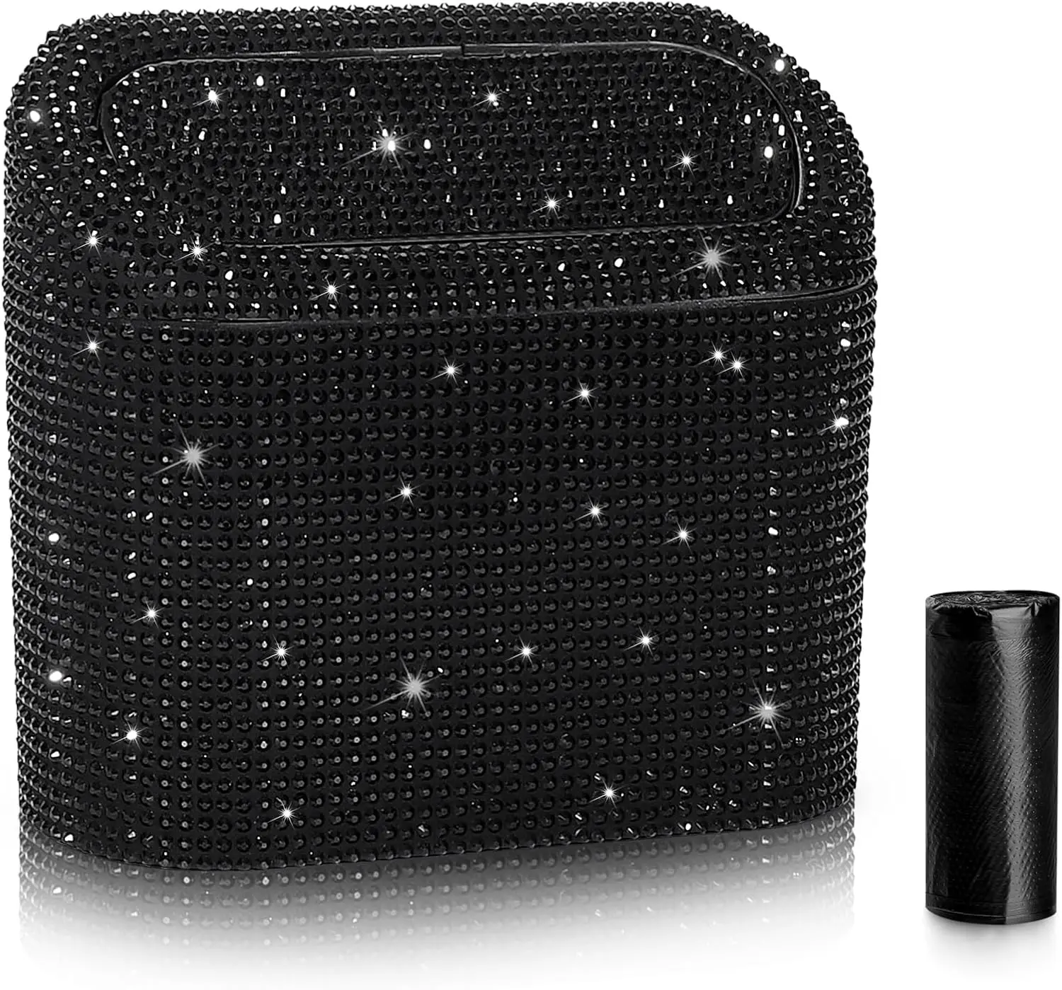 

Sparkling Crystal Car Trash Can with Lid, Mini Garbage Bin for Vehicle, Includes 30 Bags, Bling Rhinestone Design