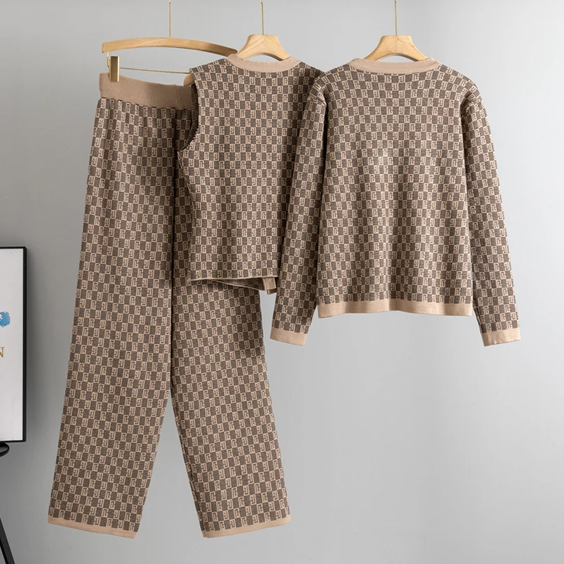 Knited 3 Piece Sets Elegant Women Long Sleeve Sweater Coat Single Breasted Knit Vest Trousers 2025 New - Image 3