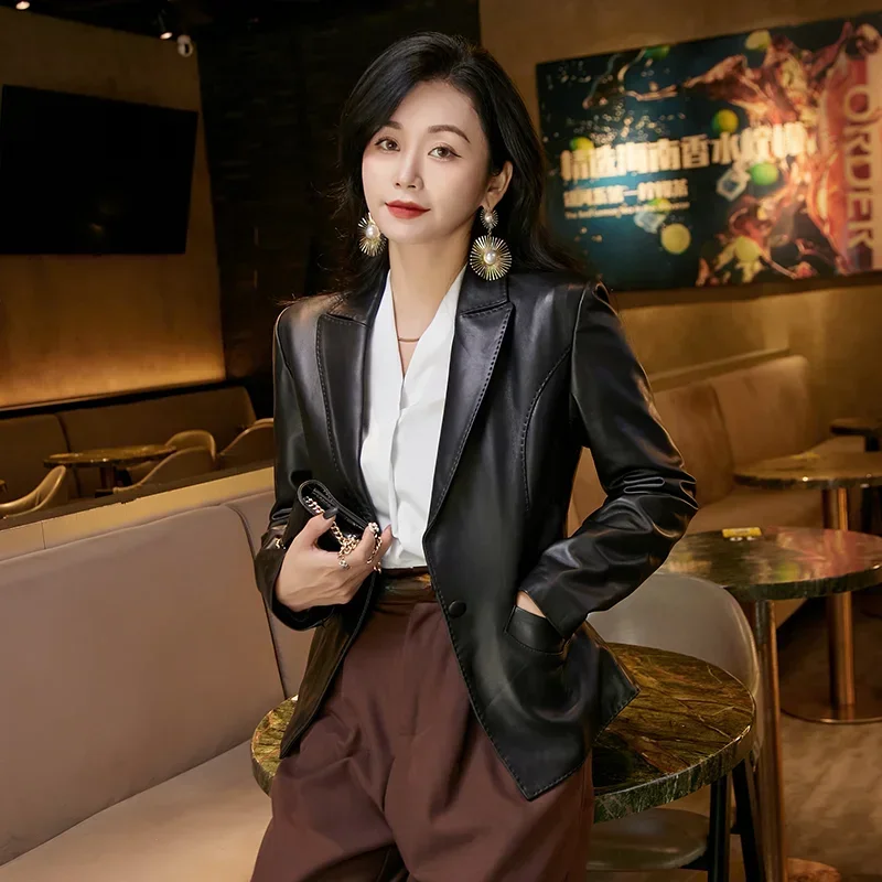 Genuine Leather Jacket Women 2024 Korean Fashion Slim Lapel Leather Jackets for Women Real Sheepskin Leather Coat Suit Jacket