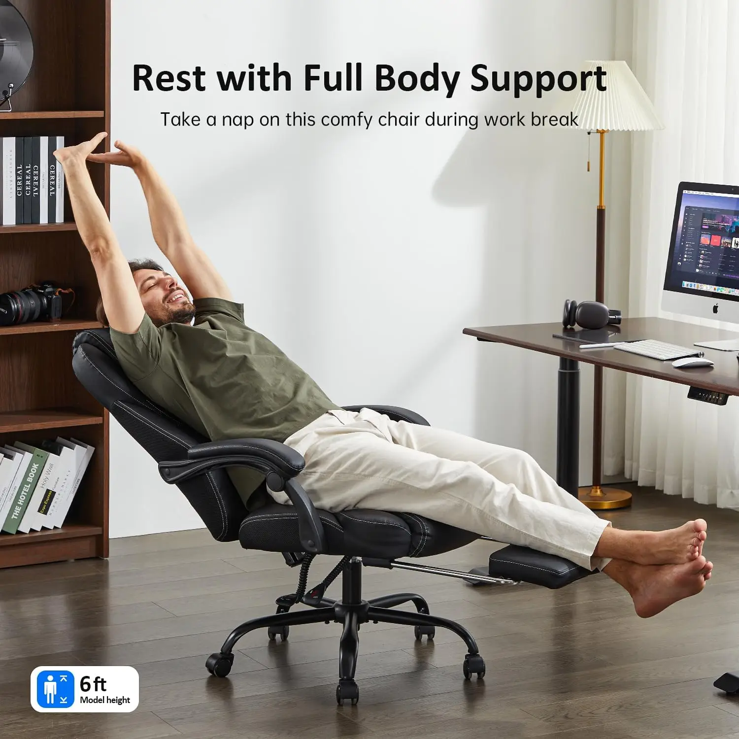 كرسي مكتب كبير وطويل مع مسند للقدمين، كرسي جلدي مريح للاستلقاء للمكتب المنزلي (أسود)