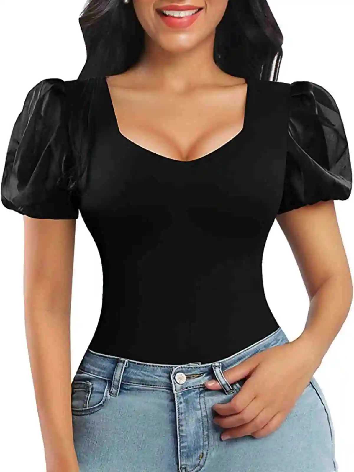 Black Slim Fit Bodysuit Women High Waist One Pieces Body Feminino Mesh Patchwork Short Sleeve Elegant Tops Fashion Summer Oufits