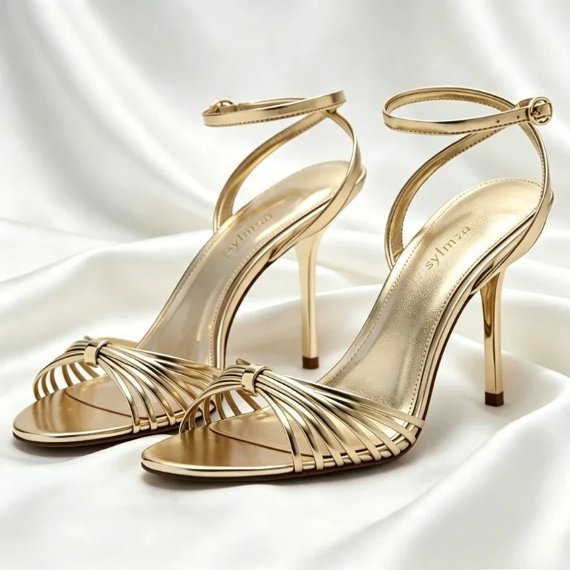 Gold Narrow Band Heeled Sandals Women Fashion Ankle Strap Buckle Metal Detail Stiletto Designer Shoes Elegant Banquet Dress Shoe