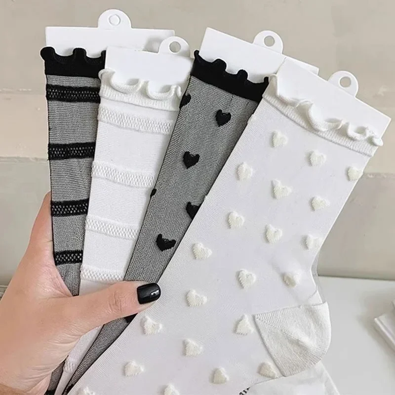 Women Sexy Ruffled Love Heart Thin Long Socks JK Uniform Lolita Sweet Glass Fiber Transparent Ins Style Black Lace Socks