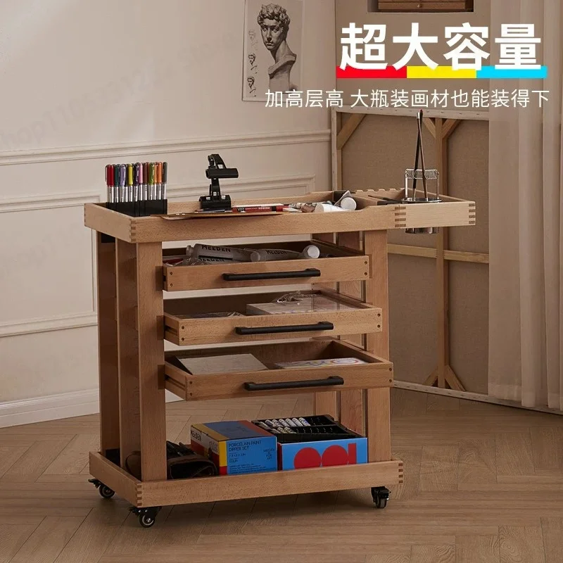 5 Tier Wooden Art Cart for Oil Acrylic PaintingProfessional Studio Mobile Tool CartNatural Wood ColorStorage Trolley for Artists