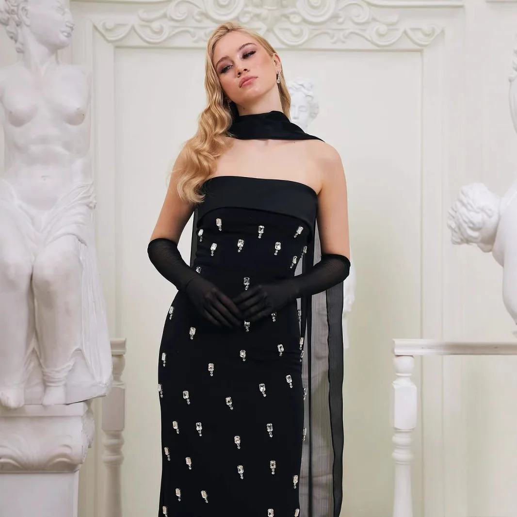 Women Black Sleeveless Diamonds Bodycon Bandage Dresses Luxury Strapless Shinning Crystal Maxi Dress With Mesh Scarf Evening Par