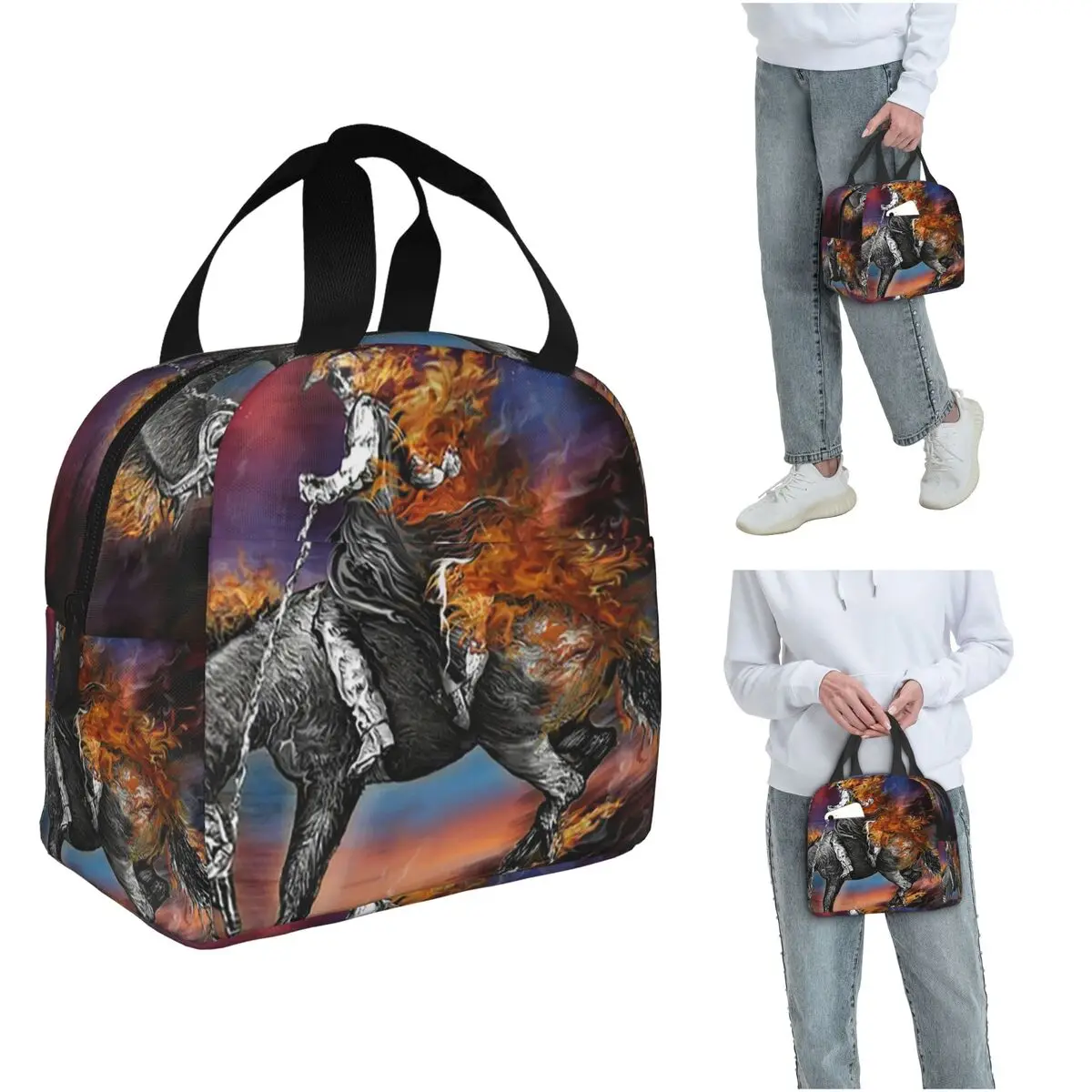 Vibrant Rider On Horseback In Flames Insulated Lunch Bag for Women Kids Portable Food Boxes Thermal Lunch Box Tote